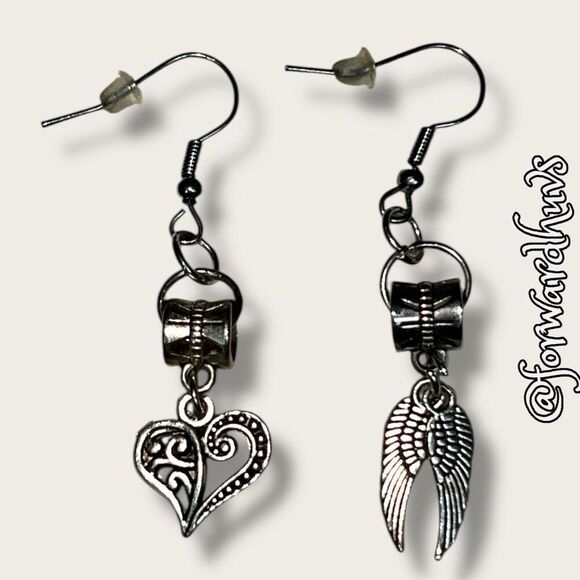Bundle Sale 3 for $15 | Mismatched Charm Earrings – Angel Wing & Heart - Picture 1 of 9
